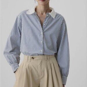 Gap x Doen Organice Cotton Eyelet Big Shirt Blue Stripe Lace Collar